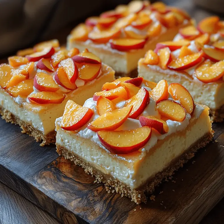 If you’re on the hunt for a dessert that embodies the essence of summer while also delivering indulgent flavors, look no further than these Decadent Peach Cream Cheesecake Bars. This delightful treat is a harmonious blend of creamy cheesecake, fresh peaches, and a buttery graham cracker crust. The result is a dessert that’s not only visually appealing but also offers a delightful combination of textures and flavors. The smoothness of the cheesecake filling contrasts beautifully with the juicy sweetness of ripe peaches, all resting on a sturdy base that holds everything together.