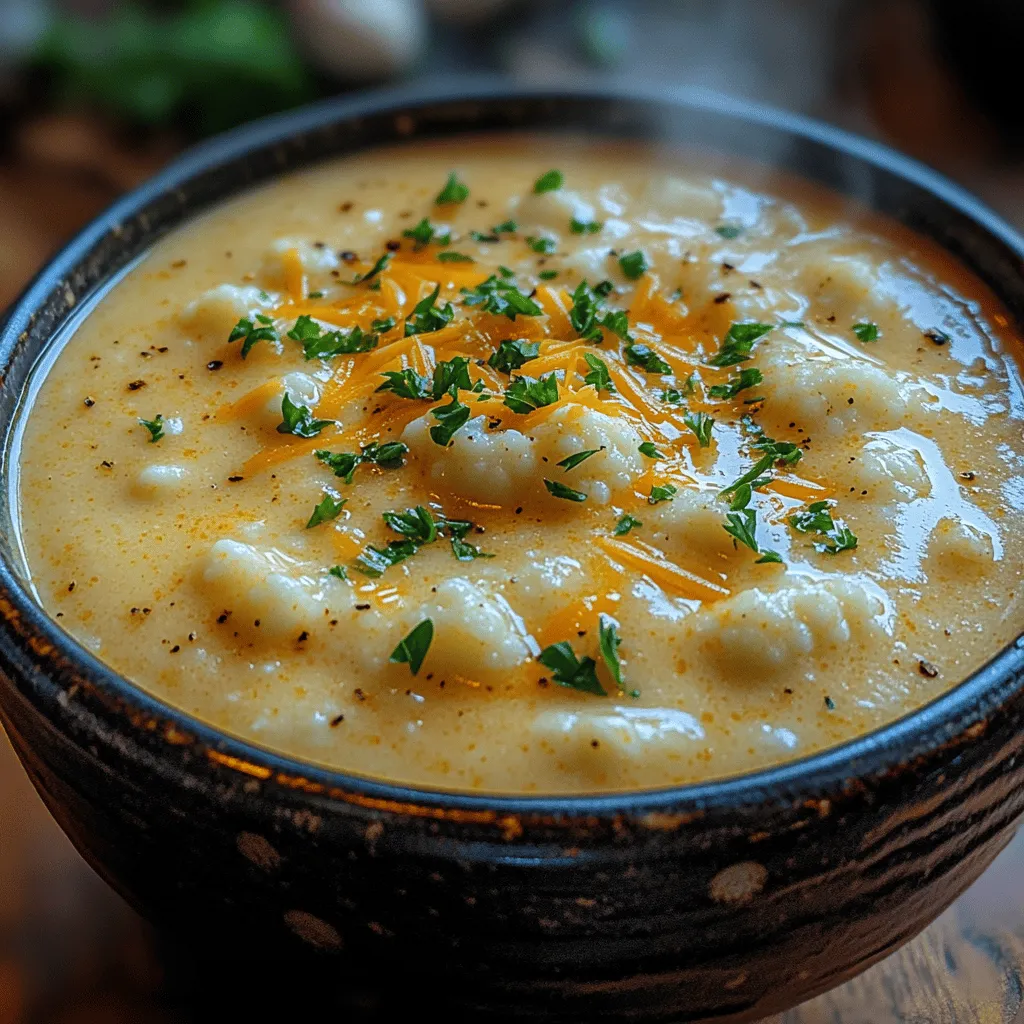 In recent years, cauliflower soup has surged in popularity, becoming a staple in both home kitchens and trendy restaurants. This creamy, comforting dish has won over the hearts of many, and for good reason. Cauliflower, with its mild flavor and versatile texture, serves as an ideal base for soups, allowing for a delightful blend of health and comfort. Among the many variations, the <strong>Creamy Garlic Cheddar Cauliflower Soup</strong> stands out as a particularly rich and satisfying option.” /></p>
</p>
<h3>Blending Techniques</h3>
</p>
<p>When it comes to achieving that smooth, creamy texture in your Creamy Garlic Cheddar Cauliflower Soup, the blending technique you choose can make all the difference. There are two primary methods to consider: immersion blenders and traditional blenders.</p>
</p>
<p><strong>Immersion Blenders</strong>:</p>
<p>These handheld devices are perfect for blending soups directly in the pot. The major advantage is convenience; you don’t need to transfer hot soup to another container, which minimizes mess and reduces the risk of burns. Immersion blenders are also generally easier to clean. However, they may not achieve the ultra-smooth consistency that some traditional blenders can offer. For this soup, an immersion blender will work well, but you may need to blend it longer to ensure an even texture.</p>
</p>
<p><strong>Traditional Blenders</strong>:</p>
<p>These blenders can provide a finer, creamier soup due to their powerful motors and blades. You can blend the soup in batches, ensuring each portion is perfectly smooth. However, transferring hot soup can be cumbersome, and there’s always the risk of splattering if you fill the blender too full. If you opt for this method, allow the soup to cool slightly before blending, and consider blending in smaller batches to achieve the desired consistency.</p>
</p>
<h3>Incorporating Milk and Cheese</h3>
</p>
<p>To achieve the perfect creaminess in your soup, incorporating milk and cheese requires a few considerations. Whole milk or heavy cream can enhance the richness, but if you prefer a lighter version, you can substitute with low-fat milk or even plant-based alternatives like almond or oat milk.</p>
</p>
<p>When it comes to cheese, sharp cheddar is the star of this recipe, imparting a robust flavor. For a more complex profile, consider mixing in a bit of Gruyère or fontina cheese, which melt beautifully and add depth. To incorporate them effectively:</p>
</p>
<p>1. <strong>Heat the Milk</strong>: Warm the milk or cream separately before adding it to the blended soup. This helps to prevent curdling and ensures a smooth integration.</p>
</p>
<p>2. <strong>Add Cheese Gradually</strong>: After blending the soup, return it to low heat and slowly stir in the shredded cheese. This gradual incorporation allows the cheese to melt evenly without clumping.</p>
</p>
<p>3. <strong>Taste and Adjust</strong>: Once the cheese is fully melted, taste the soup. You may want to add more seasoning or even a splash of lemon juice for brightness.</p>
</p>
<h3>Serving Suggestions</h3>
</p>
<p>Presentation is key when serving your Creamy Garlic Cheddar Cauliflower Soup. Here are some tips for garnishing and presentation:</p>
</p>
<p>– <strong>Garnishes</strong>: Consider topping the soup with a sprinkle of fresh chives, parsley, or even crispy bacon bits for added texture and flavor. A drizzle of olive oil or a dollop of sour cream can enhance the visual appeal and creaminess.</p>
</p>
<p>– <strong>Serving Bowls</strong>: Use rustic bowls to serve the soup, creating a cozy, inviting atmosphere. A sprinkle of extra cheese on top just before serving can make the dish look extra indulgent.</p>
</p>
<p>– <strong>Crusty Bread</strong>: Serve the soup with slices of crusty artisan bread or homemade garlic bread for dipping. This not only adds to the meal but complements the rich flavors of the soup.</p>
</p>
<h3>Flavor Variations and Customizations</h3>
</p>
<p>One of the best aspects of Creamy Garlic Cheddar Cauliflower Soup is its versatility. Here are some ideas for customizing the flavor or adding nutritional value:</p>
</p>
<p>– <strong>Adding Protein</strong>: You can easily elevate this soup with protein. Shredded cooked chicken or diced tofu can be stirred in for a heartier meal. For added flavor, consider seasoning the chicken or tofu with garlic and herbs before adding them to the soup.</p>
</p>
<p>– <strong>Different Cheese Options</strong>: Experiment with different cheese varieties to create unique flavor profiles. For a smoky taste, add smoked gouda. For tanginess, consider feta or blue cheese. Each cheese will impart a different but delightful twist to the soup.</p>
</p>
<p>– <strong>Spices and Herbs</strong>: To enhance the flavor, add spices such as cayenne pepper for a bit of heat or smoked paprika for depth. Fresh herbs like thyme or rosemary can also add a fragrant note to the soup.</p>
</p>
<p>– <strong>Adjusting Thickness</strong>: If you prefer a lighter soup, simply add more broth or milk. For a thicker consistency, use less liquid or add a bit of cornstarch mixed with cold water to thicken it up as it cooks.</p>
</p>
<p>– <strong>Vegan Adaptations</strong>: For a vegan-friendly version, remove the cheese and substitute with cashew cream or nutritional yeast for a cheesy flavor. Soak raw cashews in water for a few hours, then blend them with a bit of water until smooth. Stir this into your soup to achieve creaminess without dairy.</p>
</p>
<h3>Pairing Suggestions for a Complete Meal</h3>
</p>
<p>To create a well-rounded meal around your Creamy Garlic Cheddar Cauliflower Soup, consider these pairing suggestions:</p>
</p>
<p>– <strong>Side Dishes</strong>: Fresh salads such as a simple arugula salad with lemon vinaigrette or a classic Caesar salad complement the soup beautifully. You could also serve it alongside a light pasta salad or roasted vegetables.</p>
</p>
<p>– <strong>Beverage Pairings</strong>: Pair this soup with a crisp white wine such as Sauvignon Blanc, which will balance the richness. For non-alcoholic options, herbal teas like chamomile or mint can provide a refreshing contrast.</p>
</p>
<p>– <strong>Full-Course Meal</strong>: Start with the soup as an appetizer, followed by a light main dish like grilled fish or a vegetable stir-fry. Finish off with a light dessert, such as sorbet or a fruit tart, for a complete dining experience.</p>
</p>
<h3>Storage and Reheating Tips</h3>
</p>
<p>To ensure your Creamy Garlic Cheddar Cauliflower Soup remains delicious, proper storage and reheating techniques are essential:</p>
</p>
<p>– <strong>Storage</strong>: Allow the soup to cool completely before transferring it to an airtight container. It can be stored in the refrigerator for up to 3-4 days. For longer storage, consider freezing the soup.</p>
</p>
<p>– <strong>Reheating</strong>: When reheating, do so gently over low heat on the stovetop. Stir frequently to prevent sticking and ensure even warming. If the soup thickens too much during storage, add a splash of broth or milk while reheating to restore its creamy texture.</p>
</p>
<p>– <strong>Freezing</strong>: For long-term storage, pour the cooled soup into freezer-safe bags or containers. Leave some space at the top for expansion. The soup can be frozen for up to 3 months. When ready to use, thaw overnight in the refrigerator before reheating.</p>
</p>
<h3>Conclusion</h3>
</p>
<p>Creamy Garlic Cheddar Cauliflower Soup is not just a comforting dish; it’s a delightful blend of flavors and textures that can easily cater to various dietary needs and preferences. Packed with nutrients from cauliflower and enhanced by the richness of cheese and cream, it’s a dish that warms the soul. Whether you enjoy it on a chilly evening or serve it as a starter at a dinner party, this soup is sure to impress.</p>
</p>
<p>We encourage you to try this recipe at home and relish the comforting flavors that it brings. Remember, the versatility of this dish allows for endless variations, so feel free to experiment with different ingredients and flavors.</p>
</p>
<p>In a world where quick meals often take precedence, taking the time to make homemade soups can provide a wholesome and satisfying dining experience. So gather your ingredients, put on your apron, and enjoy the process of creating this nourishing bowl of goodness.</p>
</div>