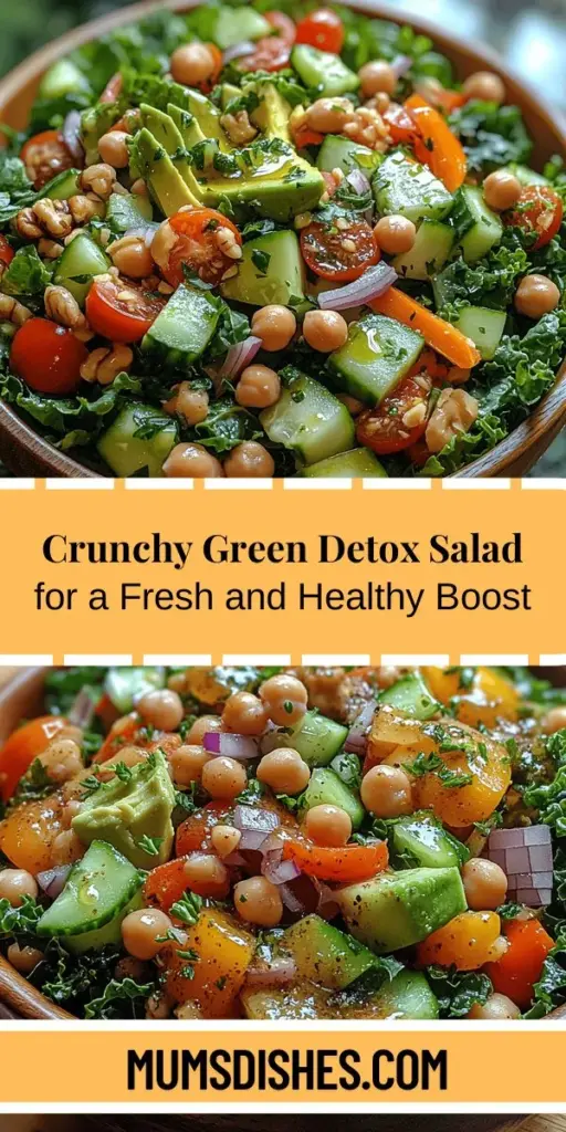 Discover the vibrant Crunchy Green Detox Salad, a deliciously nutritious option to elevate your diet! This refreshing salad is packed with nutrient-rich ingredients like mixed leafy greens, cucumbers, cherry tomatoes, and creamy avocado, all designed to support detoxification and promote overall well-being. With a flavorful dressing and the perfect balance of textures, it's an ideal choice for a light meal or side dish. Embrace healthy eating and enjoy this delightful salad any time!