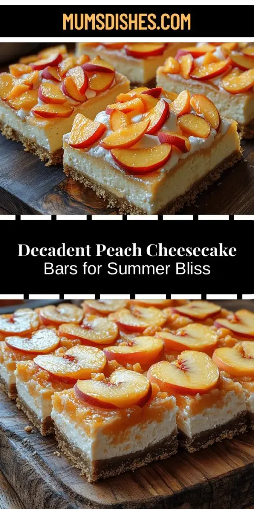 Discover the ultimate summer dessert with these Decadent Peach Cream Cheesecake Bars! Perfectly combining a creamy cheesecake filling with fresh peaches and a buttery graham cracker crust, these bars are visually stunning and serve as a fantastic treat for any occasion. Easy to cut into squares, they are perfect for gatherings, barbecues, or a sweet indulgence at home. Elevate your dessert game and impress your guests with this delicious recipe that captures the essence of summer in every bite.
