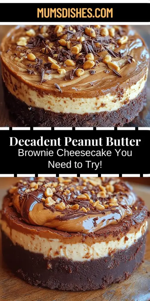 Indulge in the ultimate dessert experience with this decadent peanut butter brownie cheesecake! This delightful treat features a rich brownie base, a creamy cheesecake filling infused with luscious peanut butter, and an irresistible swirl that adds both flavor and visual appeal. Perfect for any celebration or just a sweet treat at home, this dessert balances chocolatey goodness with nutty richness to satisfy every sweet tooth. Create a showstopping centerpiece that will wow your family and friends!