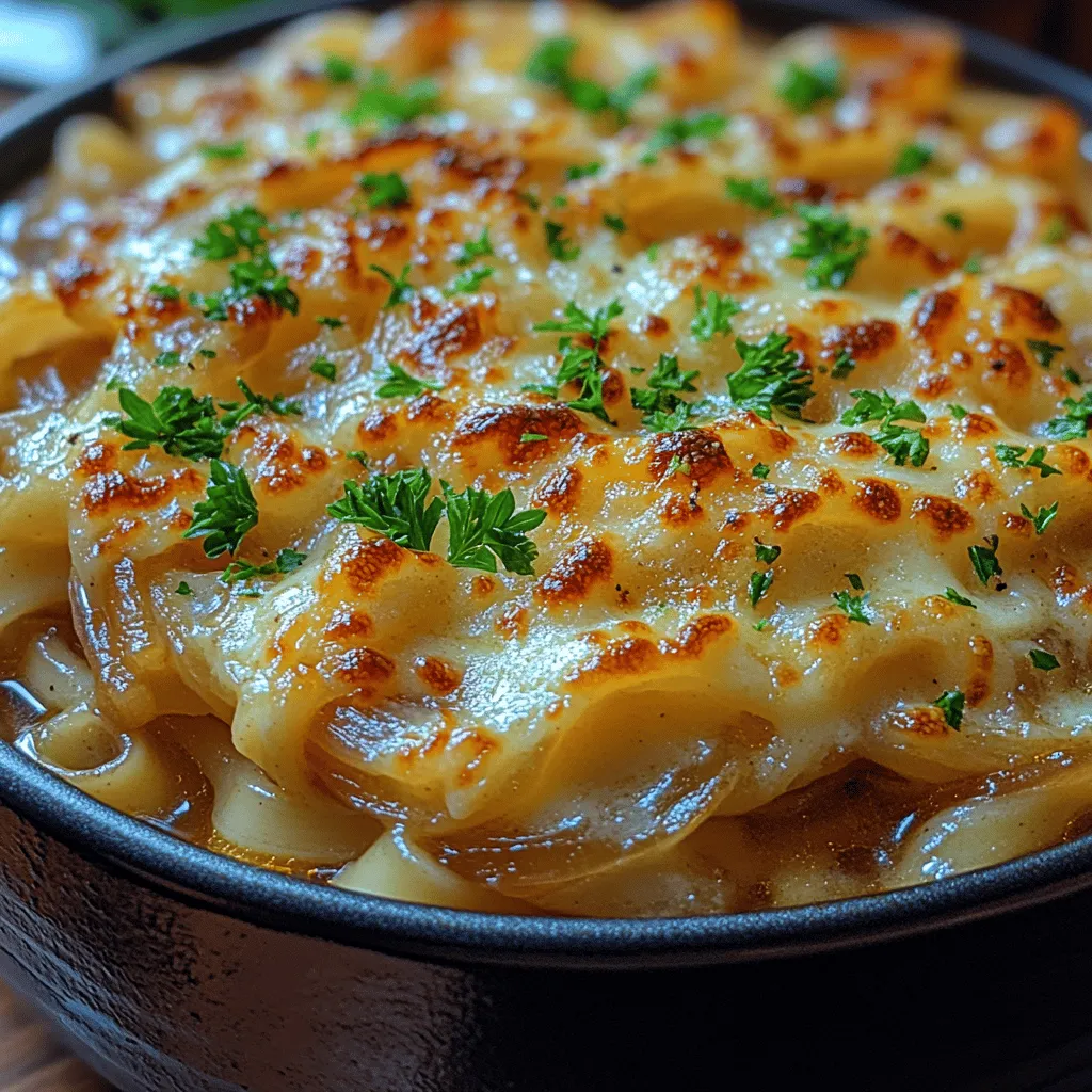 Savory One Pot French Onion Pasta is a delightful twist on the classic French onion soup, combining the rich flavors of caramelized onions and creamy cheeses with tender pasta, all cooked in a single pot. This dish not only captures the essence of French cuisine but also adapts it into a comforting meal that's perfect for any occasion. Originating from the traditional French onion soup, known for its deeply flavored broth and topping of melted cheese, this pasta version elevates the beloved flavors into a hearty and satisfying main course that is both familiar and exciting.