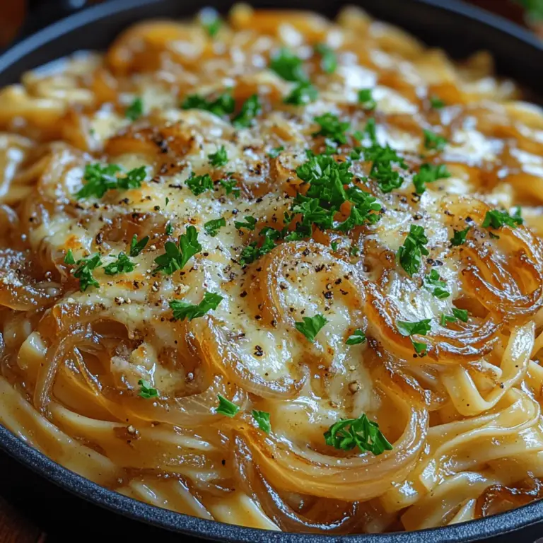 Savory One Pot French Onion Pasta is a delightful twist on the classic French onion soup, combining the rich flavors of caramelized onions and creamy cheeses with tender pasta, all cooked in a single pot. This dish not only captures the essence of French cuisine but also adapts it into a comforting meal that's perfect for any occasion. Originating from the traditional French onion soup, known for its deeply flavored broth and topping of melted cheese, this pasta version elevates the beloved flavors into a hearty and satisfying main course that is both familiar and exciting.