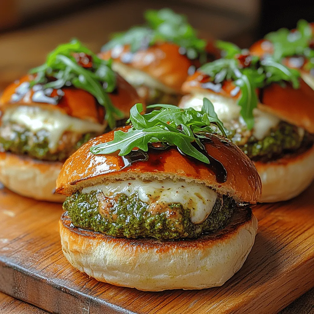 Welcome to the delightful world of Pesto Chicken Sliders, a dish that embodies the perfect balance of simplicity and flavor. These sliders are not just easy to prepare but are also bursting with vibrant ingredients that make them a crowd-pleaser. Imagine biting into a succulent ground chicken patty seasoned with fresh basil pesto, complemented by the gooey goodness of mozzarella and the rich depth of Parmesan cheese. Whether you're planning to host a game day party, a casual get-together with friends, or simply looking for a satisfying meal to enjoy at home, these Pesto Chicken Sliders are an excellent choice.