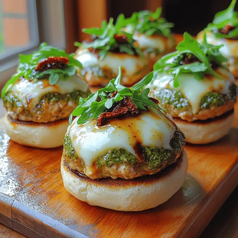 Welcome to the delightful world of Pesto Chicken Sliders, a dish that embodies the perfect balance of simplicity and flavor. These sliders are not just easy to prepare but are also bursting with vibrant ingredients that make them a crowd-pleaser. Imagine biting into a succulent ground chicken patty seasoned with fresh basil pesto, complemented by the gooey goodness of mozzarella and the rich depth of Parmesan cheese. Whether you're planning to host a game day party, a casual get-together with friends, or simply looking for a satisfying meal to enjoy at home, these Pesto Chicken Sliders are an excellent choice.