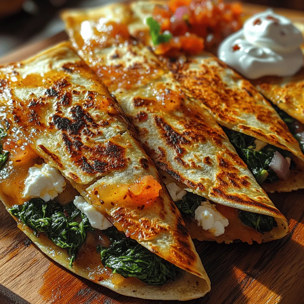 Step into a culinary fiesta with our Spinach and Feta Fiesta Quesadillas, a delightful fusion of flavors that promises to excite your taste buds. This dish is a celebration of freshness, where vibrant spinach meets the tangy notes of feta cheese, all melded together with gooey mozzarella and expertly tucked inside a crispy tortilla. Whether you're seeking a quick lunch, a light dinner, or an enticing appetizer for your next gathering, these quesadillas are not only straightforward to prepare, but they also deliver a hearty dose of nutrition.