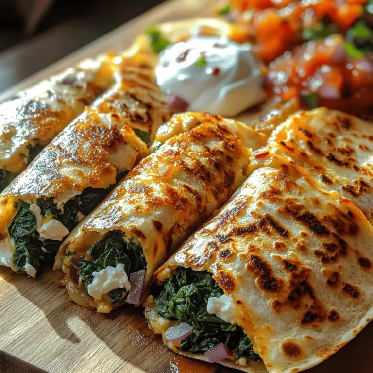 Step into a culinary fiesta with our Spinach and Feta Fiesta Quesadillas, a delightful fusion of flavors that promises to excite your taste buds. This dish is a celebration of freshness, where vibrant spinach meets the tangy notes of feta cheese, all melded together with gooey mozzarella and expertly tucked inside a crispy tortilla. Whether you're seeking a quick lunch, a light dinner, or an enticing appetizer for your next gathering, these quesadillas are not only straightforward to prepare, but they also deliver a hearty dose of nutrition.
