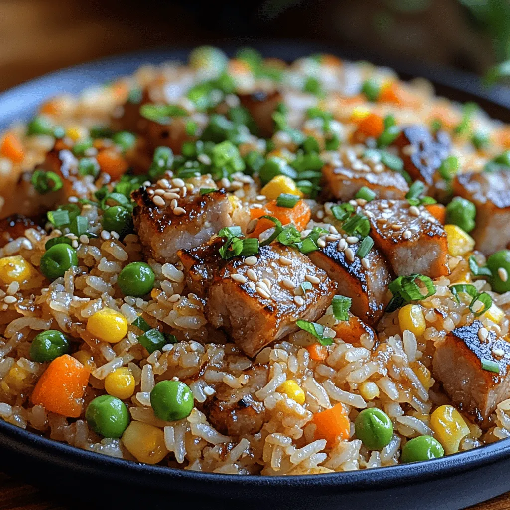 Fried rice is more than just a simple dish; it’s a beloved staple across numerous cultures, each adding its unique twist to this versatile meal. Among the countless variations, <strong>Savory Pork Fried Rice Delight</strong> stands out for its harmonious blend of flavors and textures. This dish not only satisfies hunger but also delights the palate with its savory taste and colorful presentation. The secret to achieving that perfect fried rice lie in a few key techniques and ingredients, with day-old rice being the hero of the dish.” /></p>
</p>
<h3>Scrambling Eggs: Techniques for Perfectly Cooked Eggs</h3>
</p>
<p>When it comes to enhancing your savory pork fried rice, the inclusion of eggs is essential. Eggs contribute both flavor and texture, creating a rich, satisfying bite. However, achieving the perfect scramble requires a few key techniques.</p>
</p>
<p><strong>Best Practices for Scrambling Eggs in a Stir-Fry Context</strong></p>
</p>
<p>1. <strong>Use Fresh Eggs</strong>: Start with fresh eggs for the best flavor and texture. Fresh eggs not only taste better but also hold their shape during cooking.</p>
</p>
<p>2. <strong>Whisk Thoroughly</strong>: Before adding the eggs to your frying pan, whisk them vigorously in a bowl. This incorporates air into the mixture, resulting in lighter, fluffier scrambled eggs. You can add a splash of milk or cream to this mixture for extra creaminess.</p>
</p>
<p>3. <strong>Cook on Medium Heat</strong>: In a stir-fry context, you want to keep the heat moderate. Too high heat can lead to overcooked, rubbery eggs, while too low can cause them to be undercooked. A medium-high heat allows for even cooking, resulting in tender curds.</p>
</p>
<p><strong>How to Integrate Eggs into the Dish Without Overcooking</strong></p>
</p>
<p>1. <strong>Create a Well</strong>: In your hot wok or pan, create a well in the center after sautéing your pork and vegetables. Pour the whisked eggs into this well and stir gently, allowing them to cook briefly before incorporating them into the rice.</p>
</p>
<p>2. <strong>Stir Gently and Quickly</strong>: Use a spatula to fold the eggs into the rice gently. The residual heat from the rice and the pan will finish cooking the eggs without turning them into a dry scramble.</p>
</p>
<p>3. <strong>Timing is Key</strong>: Add the eggs just before the rice is fully heated through. This ensures that they cook quickly and remain soft. Remember, the eggs will continue to cook slightly even after being removed from the heat.</p>
</p>
<h3>Stir-Frying Rice: The Heart of Fried Rice</h3>
</p>
<p>Fried rice wouldn’t be complete without perfectly stir-fried rice that’s fluffy and flavorful. The technique here is crucial to achieving the right consistency.</p>
</p>
<p><strong>Techniques for Properly Incorporating Rice and Preventing Clumping</strong></p>
</p>
<p>1. <strong>Use Day-Old Rice</strong>: The best fried rice is made with cold, day-old rice. This rice has dried out slightly, making it less sticky and perfect for stir-frying. If you don’t have day-old rice, spread freshly cooked rice on a tray to cool and dry out for about 30 minutes.</p>
</p>
<p>2. <strong>Break Up Clumps</strong>: Before adding rice to the pan, break up any clumps with your hands or a fork. This ensures even cooking and prevents the rice from clumping together during frying.</p>
</p>
<p>3. <strong>Add Rice Gradually</strong>: When adding rice to your stir-fry, do it in batches if necessary. This allows the rice to fry evenly and absorb flavors from the other ingredients without steaming.</p>
</p>
<p><strong>Importance of High Heat in Stir-Frying</strong></p>
</p>
<p>Stir-frying rice requires high heat to achieve that iconic smoky flavor known as “wok hei.” A preheated wok or frying pan allows the rice to sear rather than steam, resulting in a better texture and flavor.</p>
</p>
<h3>Seasoning and Final Touches: Achieving Flavor Balance</h3>
</p>
<p>As you near the completion of your savory pork fried rice, seasoning is crucial. This is where you can elevate the dish from good to great.</p>
</p>
<p><strong>Tips for Taste Testing and Adjusting Seasoning</strong></p>
</p>
<p>1. <strong>Start with Soy Sauce</strong>: Begin by adding soy sauce, which adds saltiness and umami. Start with a tablespoon, taste, and adjust as needed.</p>
</p>
<p>2. <strong>Incorporate Other Seasonings</strong>: Consider adding oyster sauce, hoisin sauce, or chili paste for additional depth. Each brings its unique flavor profile, which can complement the pork and vegetables.</p>
</p>
<p>3. <strong>Taste as You Go</strong>: Always taste your dish as you cook. This will help you identify if more seasoning is needed. Remember to account for the saltiness of the soy sauce and other condiments.</p>
</p>
<p><strong>Discussion on the Optional Use of Sesame Oil and Its Flavor Profile</strong></p>
</p>
<p>Sesame oil is a fantastic finishing oil that adds a nutty flavor to your fried rice. Drizzle a small amount over the dish just before serving. This not only enhances the taste but also gives a wonderful aroma that can make your dish more inviting.</p>
</p>
<h3>Garnishing: The Finishing Touch</h3>
</p>
<p>Presentation matters, especially in home cooking. A well-garnished dish can elevate the dining experience.</p>
</p>
<p><strong>Importance of Presentation and the Role of Green Onions</strong></p>
</p>
<p>Green onions are a classic garnish for fried rice. They provide a pop of color and a fresh, slightly peppery taste that balances the richness of the pork and eggs.</p>
</p>
<p>1. <strong>Chop Finely</strong>: Slice green onions thinly and sprinkle them over the finished dish. You can also reserve some for garnish when serving.</p>
</p>
<p>2. <strong>Add Crunch</strong>: Toasted sesame seeds or crushed peanuts can also add texture to your fried rice, making it visually appealing and more exciting to eat.</p>
</p>
<h3>Serving Suggestions</h3>
</p>
<p>Your savory pork fried rice is now complete, and it’s time to consider how to serve it.</p>
</p>
<p><strong>Ideal Serving Methods for Fried Rice</strong></p>
</p>
<p>Fried rice is versatile and can be served as a standalone dish or as part of a larger meal.</p>
</p>
<p>1. <strong>In Bowls</strong>: Serve the fried rice in deep bowls, allowing guests to enjoy it easily. This also makes it easy to accompany with sauces or sides.</p>
</p>
<p>2. <strong>On a Platter</strong>: For family-style dining, consider serving it on a large platter. This encourages sharing and adds a communal feel to the meal.</p>
</p>
<p><strong>Pairing Suggestions: Best Sides and Beverages to Accompany the Dish</strong></p>
</p>
<p>To enhance your meal, consider pairing your fried rice with complementary sides and beverages:</p>
</p>
<p>1. <strong>Sides</strong>: Spring rolls, dumplings, or a refreshing cucumber salad work well alongside fried rice. They offer different textures and flavors, which can balance the meal.</p>
</p>
<p>2. <strong>Beverages</strong>: Light beers, tea, or sparkling water with a slice of lime can complement the dish beautifully. For an adult gathering, consider pairing it with a light white wine or a tart Riesling.</p>
</p>
<p><strong>Discussion on Customizing the Recipe to Suit Different Tastes or Dietary Needs</strong></p>
</p>
<p>One of the wonderful aspects of fried rice is its adaptability.</p>
</p>
<p>1. <strong>Vegetarian Option</strong>: Substitute the pork with tofu or additional vegetables like mushrooms, bell peppers, and zucchini for a vegetarian version.</p>
</p>
<p>2. <strong>Gluten-Free</strong>: Use tamari or coconut aminos in place of regular soy sauce to make the dish gluten-free.</p>
</p>
<p>3. <strong>Spicy Kick</strong>: For those who enjoy spice, add chili flakes or diced jalapeños into the mix.</p>
</p>
<h3>Nutritional Information</h3>
</p>
<p>Understanding the nutritional content of your dish can help you make informed choices.</p>
</p>
<p><strong>Breakdown of Calories, Protein, Fats, and Carbohydrates Per Serving</strong></p>
</p>
<p>On average, one serving of savory pork fried rice (around one cup) contains:</p>
</p>
<p>– <strong>Calories</strong>: Approximately 400-500 calories</p>
<p>– <strong>Protein</strong>: About 18-20 grams</p>
<p>– <strong>Fats</strong>: Roughly 15-20 grams</p>
<p>– <strong>Carbohydrates</strong>: Approximately 60-70 grams</p>
</p>
<p><strong>Discussion on Health Benefits of the Ingredients Used</strong></p>
</p>
<p>1. <strong>Pork</strong>: A good source of protein, which is essential for muscle growth and repair.</p>
<p>2. <strong>Vegetables</strong>: Provide vitamins, minerals, and fiber, contributing to overall health.</p>
<p>3. <strong>Eggs</strong>: Rich in protein and contain essential nutrients like choline, which is important for brain health.</p>
</p>
<p><strong>Highlighting the Dish as a Balanced Meal Option</strong></p>
</p>
<p>Savory pork fried rice can serve as a balanced meal when portioned correctly. It combines protein, healthy fats, and carbohydrates, making it a satisfying option for lunch or dinner.</p>
</p>
<h3>Cultural Context</h3>
</p>
<p>Fried rice is not just a dish; it carries a rich history across various cultures.</p>
</p>
<p><strong>Brief History of Fried Rice as a Dish in Various Cultures</strong></p>
</p>
<p>Originating in China, fried rice was a way to use leftover rice and ingredients. This frugality in cooking has made it a staple in many Asian cuisines, including Thai, Japanese, and Korean dishes, each bringing their unique twist.</p>
</p>
<p><strong>Variations of Fried Rice Across Different Cuisines</strong></p>
</p>
<p>1. <strong>Yangzhou Fried Rice</strong>: A famous Chinese version, known for its colorful mix of vegetables, shrimp, and char siu (barbecued pork).</p>
<p>2. <strong>Nasi Goreng</strong>: The Indonesian take, often spicy and served with fried eggs on top.</p>
<p>3. <strong>Kimchi Fried Rice</strong>: A Korean adaptation featuring fermented kimchi for a spicy, tangy flavor.</p>
</p>
<p><strong>Personal Anecdotes or Stories Related to Fried Rice in Family Gatherings or Celebrations</strong></p>
</p>
<p>Many families have their own variations and traditions surrounding fried rice. For some, it’s a dish made during family gatherings, with everyone contributing their favorite ingredients, creating a unique blend that reflects their culinary heritage.</p>
</p>
<h3>Conclusion</h3>
</p>
<p>Savory pork fried rice is not just a meal; it’s a delightful adventure of flavors and textures that can be easily tailored to fit any palate. The simplicity of the dish, coupled with the opportunity to experiment with different ingredients, makes it a staple in both everyday cooking and special occasions.</p>
</p>
<p>As you prepare to make your own savory pork fried rice, remember the techniques shared and feel free to personalize the recipe to your liking. Cooking at home allows for creativity and the joy of enjoying a meal made from scratch. So gather your ingredients, invite family or friends, and indulge in the satisfaction of homemade fried rice, a dish that truly brings everyone together.</p>
</div>