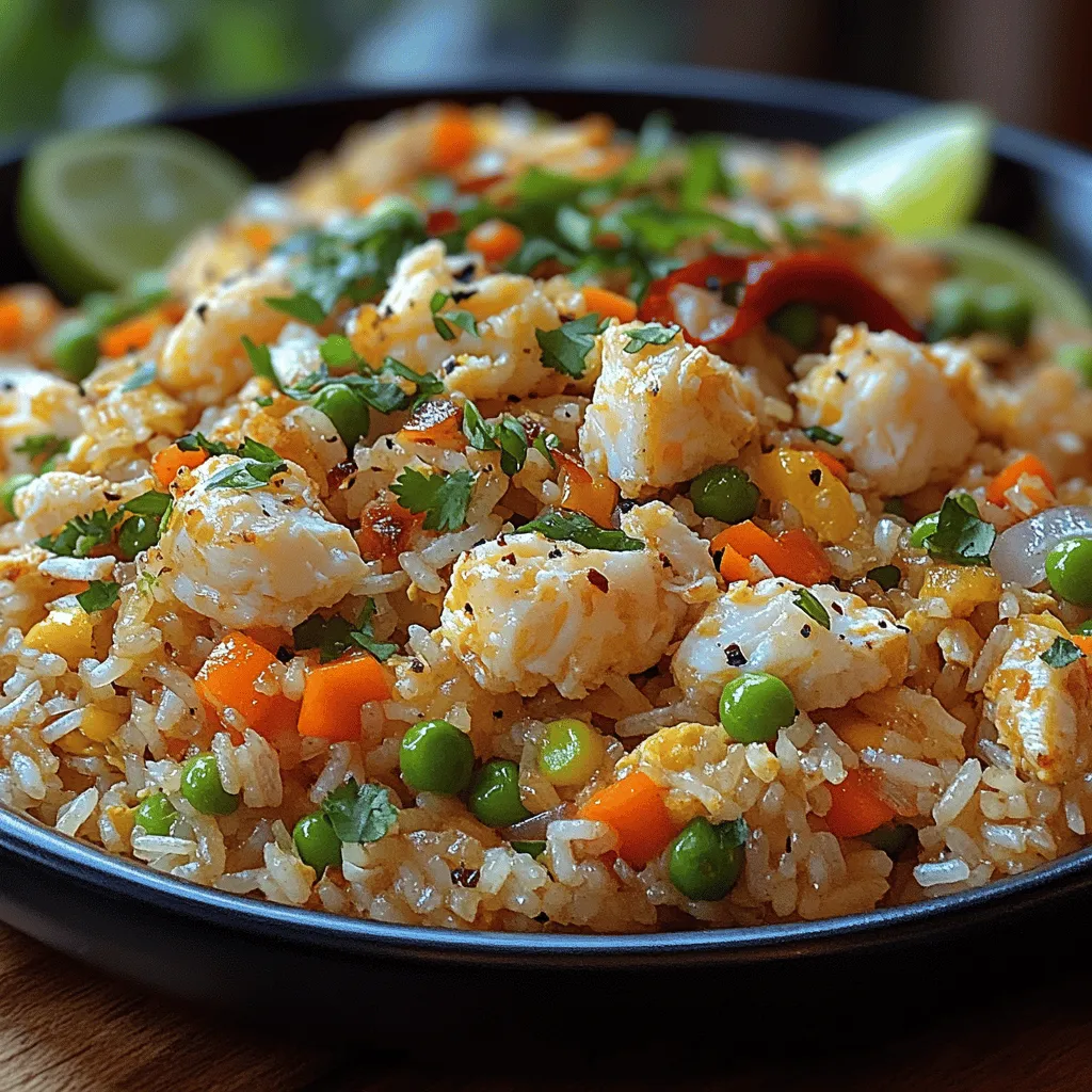 Thai cuisine is a vibrant tapestry of flavors, aromas, and textures that has won the hearts of food lovers around the world. Its unique blend of sweet, sour, salty, and spicy notes creates dishes that are not only delicious but also deeply satisfying. Among the myriad of dishes offered in Thai culinary tradition, one that stands out for its delightful fusion of taste and texture is <strong>Thai Style Crab Fried Rice</strong>. This beloved dish encapsulates the essence of Thai cooking, showcasing the balance of flavors inherent in Thai cuisine.” /></p>
</p>
<h3>Seasoning Tips: Balancing Flavors with Sauces and Adjusting Seasoning</h3>
</p>
<p>Achieving the perfect balance of flavors is crucial in any recipe, especially in Thai cuisine, where harmony is key. When preparing your Thai Style Crab Fried Rice, it’s essential to focus on seasoning to elevate the dish. Begin with a base of soy sauce, which imparts a salty umami flavor. However, remember that the strength of soy sauce can vary among brands, so start with a smaller amount and adjust according to your taste preferences.</p>
</p>
<p>For a depth of flavor, consider adding oyster sauce, which enhances the umami profile and adds a hint of sweetness. If you enjoy a bit of tang, a splash of fish sauce can also be added to complement the seafood. A light drizzle of sesame oil at the end of cooking not only contributes a nutty aroma but also rounds out the flavor profile beautifully.</p>
</p>
<p>Keep in mind that the key to successful fried rice lies in adjusting the seasonings as you go. After adding sauces, taste your dish and see if it requires a bit more salt or sweetness. If it feels too salty, a squeeze of lime juice can help balance the flavors, adding brightness to the dish. The goal is to create a flavorful, cohesive mixture where no single ingredient overpowers the others.</p>
</p>
<h3>Final Touches: Importance of Folding in Eggs and Garnishing</h3>
</p>
<p>Once your ingredients are cooked and well combined, it’s time for the final touches that will elevate your crab fried rice. The eggs, which can be scrambled separately or directly incorporated into the dish, play a vital role in adding richness and texture. If you choose to scramble the eggs separately, cook them in a small pan until just set, then gently fold them into the rice mixture. This method allows the eggs to maintain their fluffy texture and prevents them from becoming overcooked.</p>
</p>
<p>Garnishing is equally important; it not only enhances the visual appeal but also complements the flavors. Fresh cilantro or Thai basil sprinkled on top adds a burst of freshness, while a few lime wedges on the side provide a zesty kick that brightens the dish. For an added crunch, consider topping with crispy shallots or a sprinkle of roasted peanuts. These garnishes not only beautify the plate but also add layers of flavor and texture, making each bite more enjoyable.</p>
</p>
<h3>Flavor Profile and Variations</h3>
</p>
<h4>Exploration of the Flavor Profile</h4>
</p>
<p>Thai Style Crab Fried Rice is a delightful medley of sweet, salty, and umami flavors. The natural sweetness of the crab contrasts beautifully with the salty notes from soy sauce and fish sauce, while the aromatic garlic and onions provide a fragrant base. The addition of fresh vegetables not only introduces a pop of color but also enhances the flavor complexity of the dish. Each ingredient plays a role in creating a harmonious balance, making every bite a satisfying experience.</p>
</p>
<h4>Suggestions for Variations</h4>
</p>
<p>While crab is the star of this dish, you can easily customize your fried rice to suit your preferences or dietary needs.</p>
</p>
<p>– <strong>Adding Proteins</strong>: If crab isn’t available or you’re looking to mix flavors, shrimp or chicken are excellent alternatives. Shrimp cooks quickly and complements the flavor profile well, while chicken adds a heartier texture. Simply sauté these proteins before adding the rice and combine them with the vegetables.</p>
</p>
<p>– <strong>Vegetarian Options</strong>: For a vegetarian take, replace crab with tofu or tempeh. Marinate the tofu in soy sauce and sauté it until golden before mixing it with the rice. Additionally, increase the variety of vegetables; bell peppers, carrots, and snap peas can add not only flavor but also nutrition.</p>
</p>
<p>– <strong>Spice Levels</strong>: If you enjoy a bit of heat, consider adding sliced red chilies or a dash of hot sauce to your fried rice. Thai bird chilies can provide a significant kick, while sriracha can add flavor along with heat. Adjust the amount according to your spice tolerance, and don’t forget to include a side of chili sauce for those who enjoy extra heat.</p>
</p>
<h3>Cultural Significance</h3>
</p>
<p>Fried rice holds a special place in Thai cuisine, celebrated for its versatility and ability to adapt to various ingredients. Each region in Thailand boasts its own version of fried rice, influenced by local produce and culinary traditions. In coastal areas, seafood is a popular addition, while inland regions may favor meats and vegetables.</p>
</p>
<p>Thai Style Crab Fried Rice reflects the country’s rich culinary heritage, showcasing the abundance of fresh seafood available along the coastline. In Thailand, this dish is often enjoyed by locals and tourists alike, often served at food stalls or restaurants as a quick, flavorful meal. The use of high-quality, locally sourced ingredients is a testament to the pride in traditional Thai cooking and the emphasis on freshness.</p>
</p>
<p>This dish is not only a staple in Thai homes but also a popular option for sharing during communal meals. It embodies the spirit of togetherness, as families and friends gather to enjoy a satisfying meal, making it a beloved favorite among those who experience Thai cuisine.</p>
</p>
<h3>Serving Suggestions</h3>
</p>
<p>To create a restaurant-style experience at home with your Thai Style Crab Fried Rice, presentation is key. Serve the fried rice in a large, shallow bowl or plate, and use a fork or spoon to create a gentle mound in the center. This technique gives the dish height and visual interest.</p>
</p>
<p>For garnishing, consider arranging lime wedges around the plate and sprinkling the dish with fresh herbs. A drizzle of sweet chili sauce or a sprinkle of sesame seeds can also enhance the visual appeal.</p>
</p>
<p>Pair your crab fried rice with complementary side dishes to create a well-rounded meal. A refreshing Thai salad with cucumber, tomatoes, and a tangy dressing can provide a crisp contrast to the richness of the fried rice. Alternatively, crispy spring rolls filled with vegetables or shrimp make for an excellent appetizer that balances the meal.</p>
</p>
<p>When it comes to beverages, consider serving Thai iced tea for a traditional touch. The creamy, sweet flavor of the tea pairs beautifully with the savory notes of the fried rice. If you prefer something lighter, a chilled beer can also complement the dish well, especially on warm days.</p>
</p>
<h3>Nutritional Benefits</h3>
</p>
<p>Thai Style Crab Fried Rice is not only a delicious dish but also a nutritious one. The main ingredients contribute a variety of health benefits:</p>
</p>
<p>– <strong>Protein Content from Crab</strong>: Crab is an excellent source of protein, providing essential amino acids that support muscle health and overall body function. It is also low in fat, making it a heart-healthy option.</p>
</p>
<p>– <strong>Vitamins and Minerals from Mixed Vegetables</strong>: The addition of vegetables such as peas, carrots, and bell peppers boosts the nutritional profile of the dish. These vegetables provide essential vitamins (like vitamin C and A) and minerals (such as potassium and magnesium), which play a role in maintaining overall health.</p>
</p>
<p>– <strong>Healthy Fats and Energy from Rice</strong>: The rice serves as a source of carbohydrates, providing energy for your daily activities. Additionally, if you use brown rice, you can benefit from its higher fiber content, which aids in digestion and helps maintain a feeling of fullness.</p>
</p>
<p>In conclusion, this dish combines delicious flavors with a variety of health benefits, making it a fantastic option for any meal.</p>
</p>
<h3>Conclusion</h3>
</p>
<p>In summary, Thai Style Crab Fried Rice is a standout dish that offers a delightful balance of flavors and textures. The sweetness of the crab, the umami from the sauces, and the freshness of the vegetables come together to create a meal that is both satisfying and comforting. The versatility of the recipe allows for numerous variations, making it accessible for different dietary preferences.</p>
</p>
<p>Making this dish at home is an opportunity to experience the authentic flavors of Thailand, allowing you to share the joy of cooking and dining with family and friends. Whether you choose to stick to the classic recipe or experiment with variations, the result will be a delicious meal that captures the essence of Thai culinary traditions. So gather your ingredients and embark on a culinary adventure, bringing a taste of Thailand to your kitchen.</p>
</div>