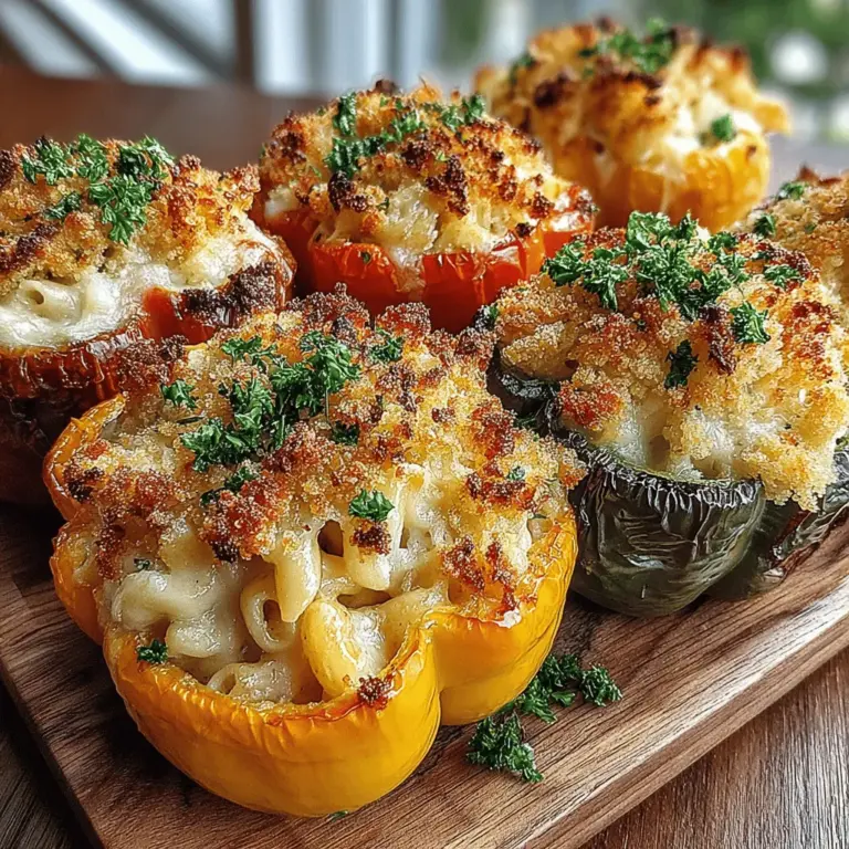 Delightfully comforting and wonderfully colorful, Golden Mac and Cheese-Stuffed Peppers are a delicious twist on a classic favorite. This innovative dish marries the creamy richness of macaroni and cheese with the vibrant crunch of bell peppers, creating a meal that is both visually appealing and satisfying. Perfect for a family dinner, a weekend gathering, or even as a potluck contribution, these stuffed peppers are sure to impress with their enticing flavors and delightful presentation.