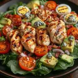 Discover the vibrant flavors and satisfying textures of a Grilled Chicken Cobb Salad, a wholesome dish that marries protein-packed chicken with a medley of fresh vegetables and rich toppings. This recipe is not merely a treat for the taste buds; it’s also a nutritious meal option that can easily fit into various dietary preferences. The Cobb Salad has its roots in American cuisine, traditionally featuring ingredients like chicken, bacon, eggs, and a colorful array of vegetables, all artfully arranged to create a feast for both the eyes and the palate.