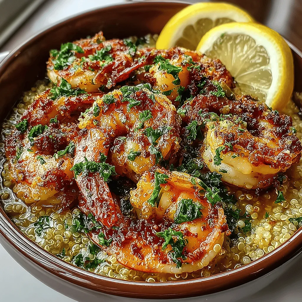 Garlic Butter Shrimp & Quinoa Delight is a culinary masterpiece that effortlessly combines taste and nutrition, making it an ideal choice for anyone looking to whip up a quick yet satisfying meal. This dish beautifully marries the succulence of shrimp with the nutty flavor of quinoa, all enveloped in a rich and aromatic garlic butter sauce. The blend of these ingredients not only creates an explosion of flavors but also provides a healthy balance of protein, fiber, and essential nutrients, making it a perfect fit for health-conscious individuals and families alike.