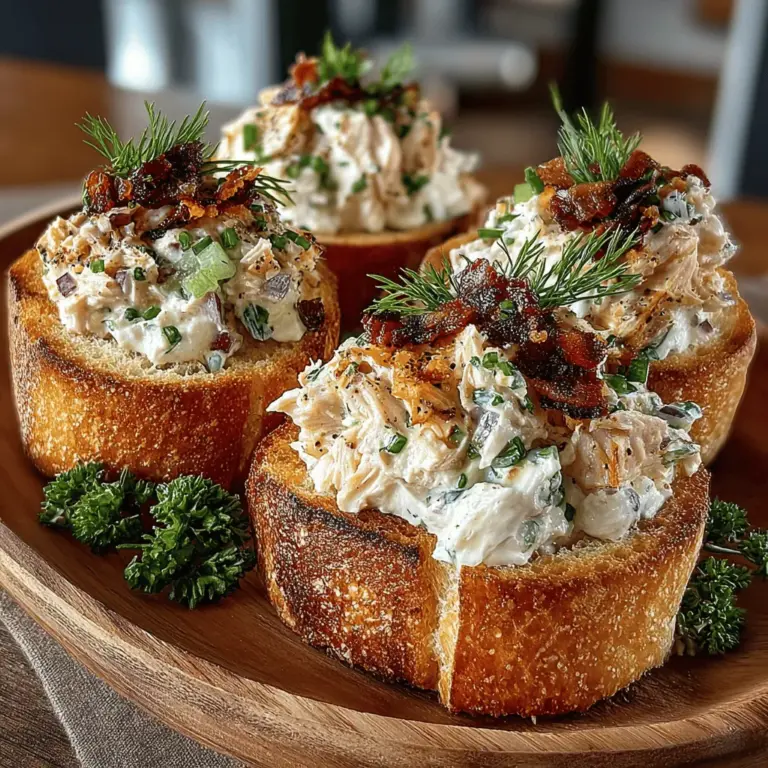 Mini Tuna Salad Toast Circles are an inviting and versatile dish that masterfully combines the rich, savory flavors of tuna salad with the satisfying crunch of toasted bread. These bite-sized delights serve as perfect appetizers, quick snacks, or light meals, making them an excellent choice for gatherings, brunches, or even a simple weekday lunch. One of the most appealing aspects of this recipe is its ease of preparation; you can whip up these tasty circles in no time, ensuring that you have a nourishing option ready whenever hunger strikes. Not only are they delicious, but they are also packed with protein and essential nutrients, making them a health-conscious choice.