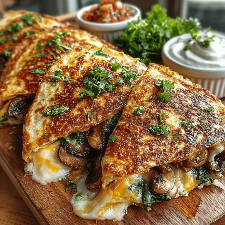 Delve into the delightful world of Mini Mushroom Spinach Quesadilla Pockets, a dish that perfectly marries flavor and convenience. These bite-sized treats are not just an explosion of savory goodness; they also provide a satisfying, cheesy experience that appeals to a wide range of palates. With the delicious combination of earthy mushrooms and vibrant spinach, these quesadilla pockets are ideal for a quick meal, an engaging appetizer, or even a party snack. Whether you're a busy professional needing a fast weeknight dinner or hosting a leisurely gathering with friends, these quesadilla pockets are an excellent choice.